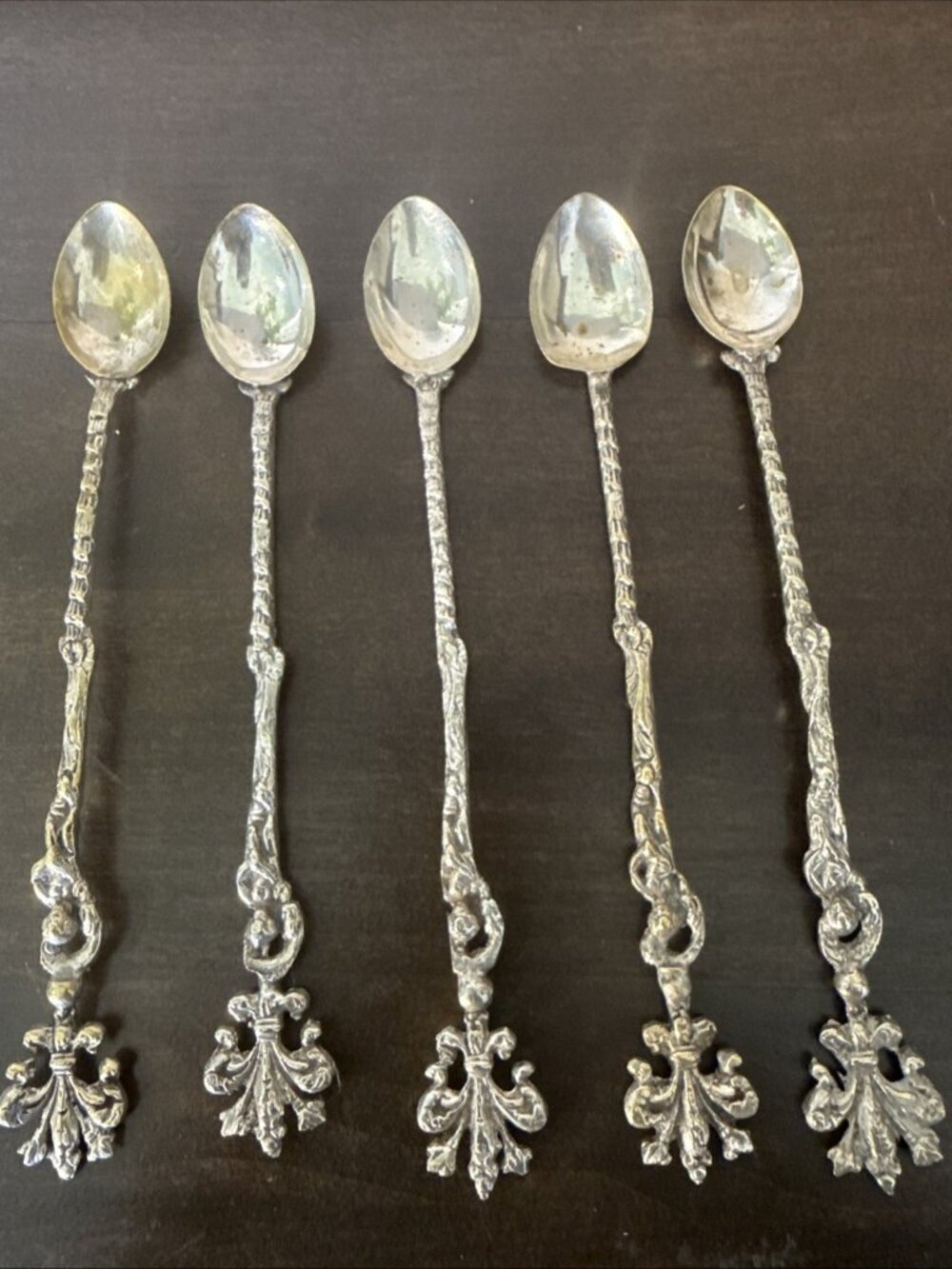Set of 5 Montagnani Style Italy Figural Demitasse Spoons Ornate Vintage 7.75"